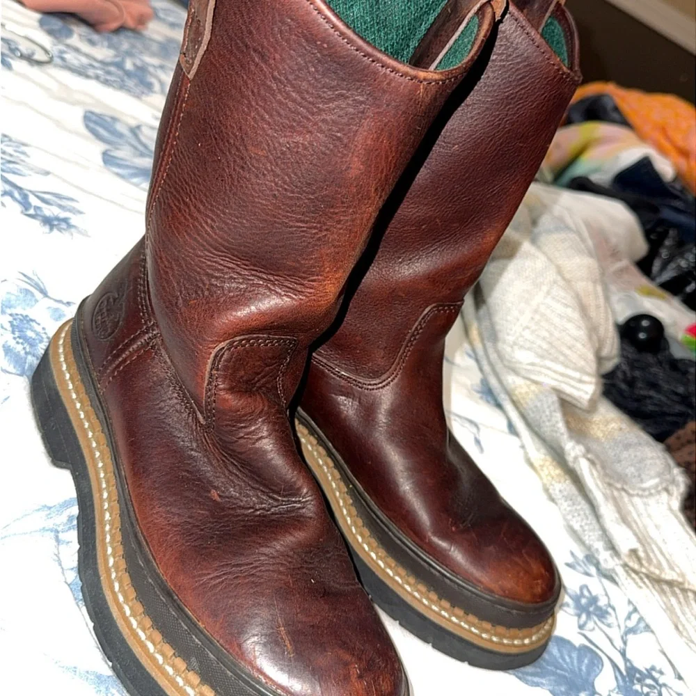 Georgia Boot Brown Leather Pull-On Work Boots with Green Lining